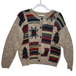 Hand Embroidered Ugly Christmas Sweater Women's Size S Patchwork Trees Stockings